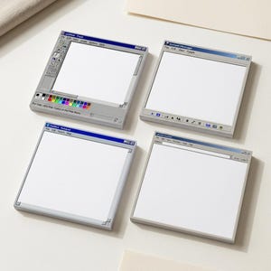 May include: Four square sticky note pads featuring retro computer interface designs. The designs include a Paint program with a color palette, an Instant Message window, a Notepad document, and a web browser window, all with white centers.