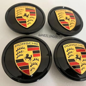 Porsche Center Caps 76mm 4pcs Gloss Black Classic Crest, cayenne, 911, carrera, Panamera, bosxter, 992