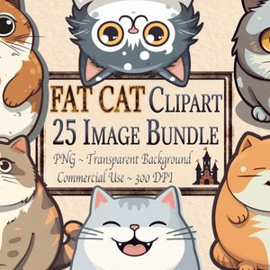 Adorable Fat Cat Clipart, Kitty icons, Cat Cartoons, Cute fat cat clip art, POD ready design, Transparent Background, Commercial use