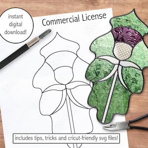 May include: A digital download graphic featuring a stained glass flower design, a black pen, and pliers on a wooden surface. The image includes the text "instant digital download!" and "Commercial License". The bottom of the image reads "includes tips, tricks and cricut-friendly svg files!"