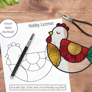 PATTERN - Folk Art Hen Stained Glass Suncatcher - Hobby License