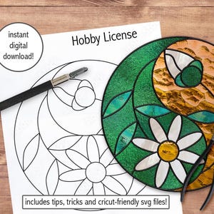 May include: A stained glass art project with a green and gold floral design, a black and silver craft knife, and a pair of pliers. The image includes a paper with a floral outline and the text "Hobby License". The text "instant digital download!" is also visible.