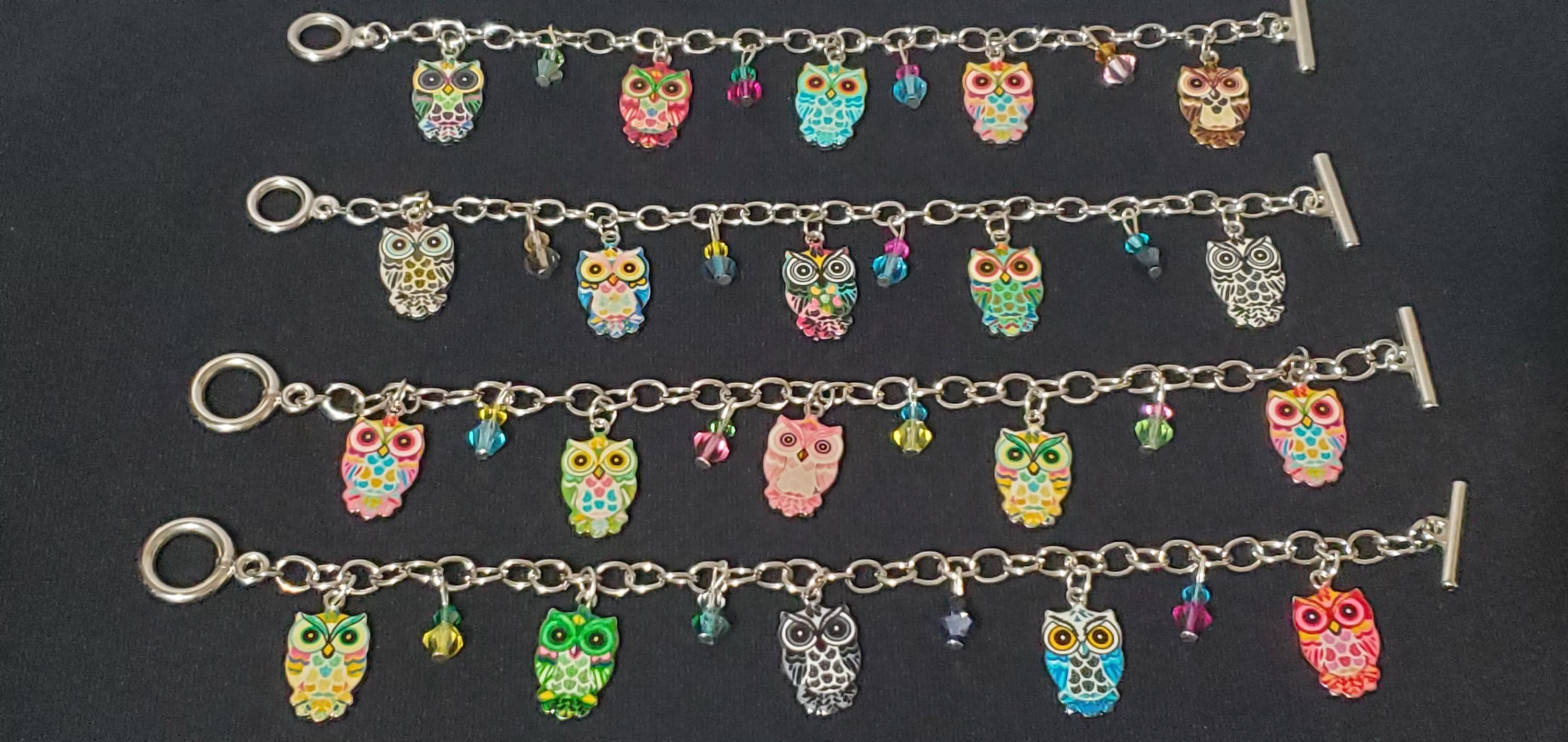 Enamel owl charm bracelet