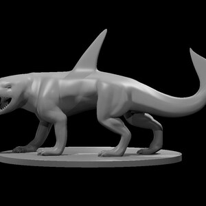 May include: A grey 3D-printed sculpture of a hybrid creature. It has the body of a quadruped, a shark fin on its back, and a shark tail. The creature's head has a shark-like mouth with visible teeth. It stands on a circular base.