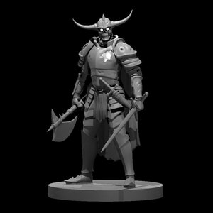 May include: A gray, skeletal warrior miniature figure with horns, a helmet, and armor, holding a sword and an axe. The figure is standing on a round base.