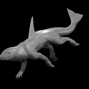 May include: A grey 3D sculpture of a hybrid creature. It has the head of a whale, a dorsal fin, and the body of a four-legged animal. The creature has a tail fin and is posed in a dynamic, leaping position against a black backdrop.