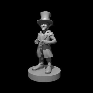 May include: A gray 3D-printed figurine of a man wearing a top hat, vest, and coat, standing on a circular base. The figure has a stylized design with a beard and is posed with hands near the chest. The background is black.