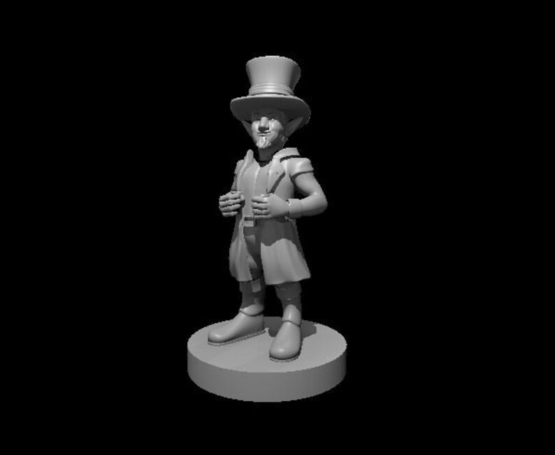 May include: A gray 3D-printed figurine of a man wearing a top hat, vest, and coat, standing on a circular base. The figure has a stylized design with a beard and is posed with hands near the chest. The background is black.