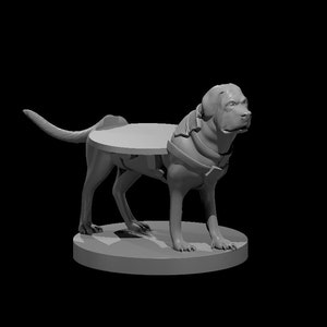 May include: A gray 3D printed model of a dog wearing a harness and carrying a round platform on its back.