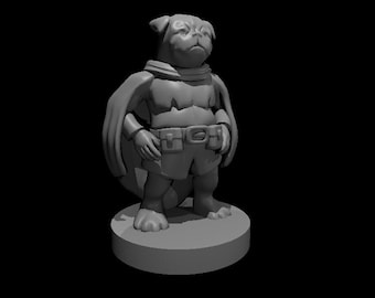 May include: A gray 3D printed figurine of a pug wearing a cape and a belt with pouches. The figurine is standing on a round base.