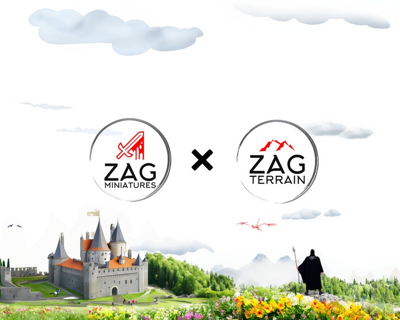 Puede incluir: Un fondo blanco con un castillo en primer plano. El castillo est&aacute; hecho de piedra y tiene un techo rojo. Hay dos logotipos en el fondo, uno para Zag Miniatures y otro para Zag Terrain. Los logotipos est&aacute;n en c&iacute;rculos con un fondo blanco y texto negro. El logotipo de Zag Miniatures tiene una espada roja y el logotipo de Zag Terrain tiene monta&ntilde;as rojas.