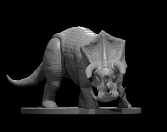 May include: A gray 3D printed model of a dinosaur with three horns on its head. The dinosaur is standing on a gray base.