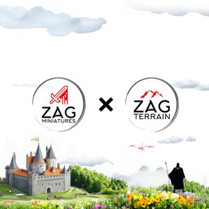 May include: The image shows two logos, "ZAG Miniatures" and "ZAG Terrain", set against a fantasy landscape with a castle, mountains, and a dragon. The logos are in black and red, with a sword and mountain design.