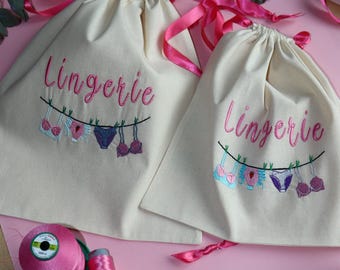 Bolsa rosa para lencería, estuche de algodón bordado, organizador de almacenamiento con cordón, bolsa de viaje para novias.