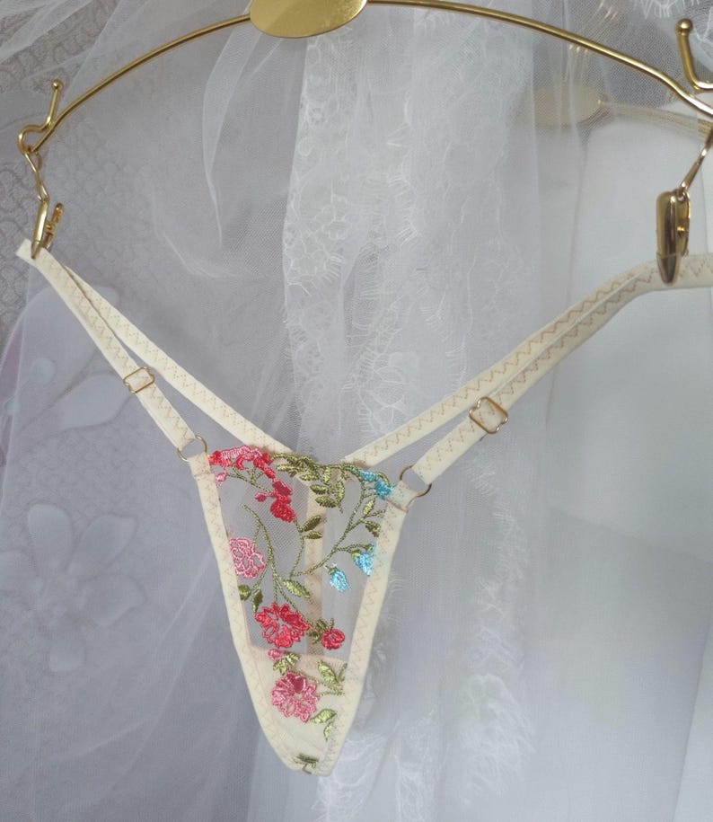 May include: White sheer lingerie with floral embroidery in pink, red, blue, and green.