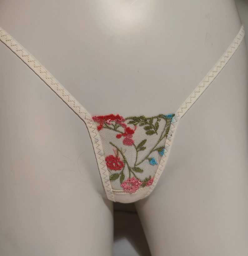 May include: White lace underwear with a floral embroidery design in shades of pink, red, blue, and green.