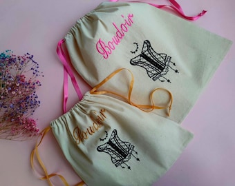 Embroidered Lingerie Bag – Boudoir Cotton Pouch, Bridal Underwear Storage, Travel Intimate Organizer Gift