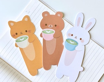 Matcha Buddies Bookmarks | Cat Bookmark | Bear Bookmark | Bunny Bookmark | Matcha Latte Bookmark | Die Cut Bookmark | Laminated Both Sides