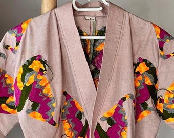 Veste Jinbei Unisexe Kimono Moderne, Chambray Coton Rose, Broderie Tigre, Taille S