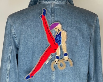 Pommel Horse Embroidered Motif Patch / Red Purple and Blue Shaded / Iron-on or Sew-on Badge / Fashion Gift / Gymnastics / Customize