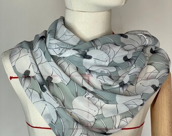 Black and white cherry pattern scarf / graphic design shawl / fruit sketch / blue gray white black / accessories gift / handmade fashion