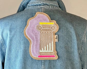 Embroidered patch Greek Ionic column, pastel and pop colors, beige felt, size 22x16 cm
