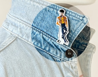 Broche Brit Pop Star Musique | Bijou Paillettes Jaune et Bleu | Chanteur Tenue Scène Glam Rock | Épinglette Mode Musique | Cadeau Fait-Main
