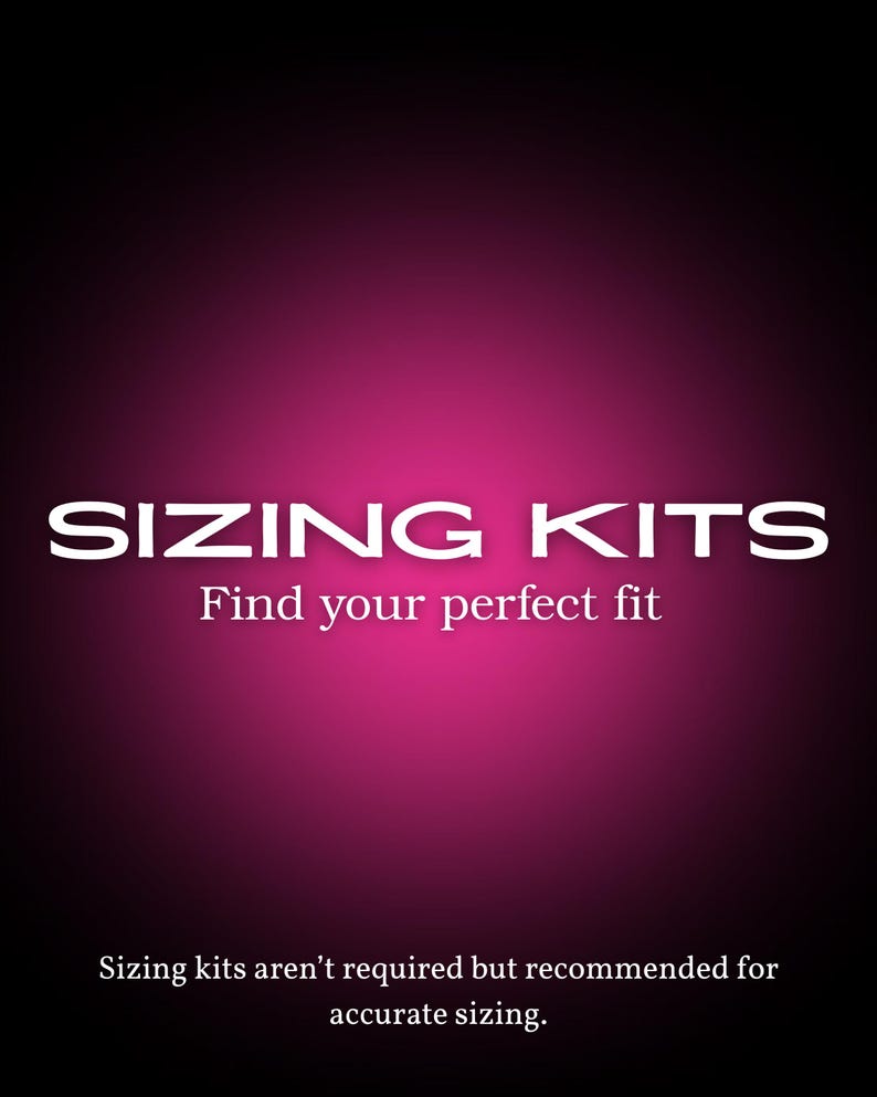 May include: A digital graphic with a black and magenta gradient background. The words "SIZING KITS" are in large white letters, with "Find your perfect fit" below. The text "Sizing kits aren't required but recommended for accurate sizing" is at the bottom.