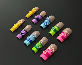Handbemalte Starburst Press-On Nails - Wiederverwendbare, Custom Fit Nail Art