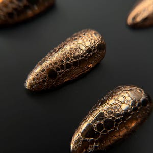 May include: Close-up of several bronze-colored, textured nail tips arranged on a dark surface. The tips have a bubbly, honeycomb-like pattern, reflecting light and creating a metallic sheen. The overall effect is one of luxury and intricate design.