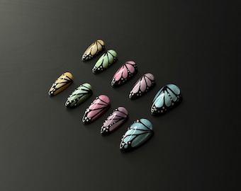 Handbemalte Schmetterlingsflügel Press-On Nails - Wiederverwendbare, Custom Fit Nail Art