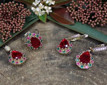 Ruby Set, Authentic Set, Handmade Set Women, Valentine's Day, Ladies Jewelry Set, Earring, Pendant, Ladies Set, 925k Sterling Silver, Jewel