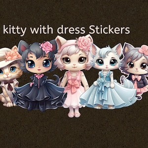 kitty with different style stickers, set of 12 stickers, instant download, digital stickers