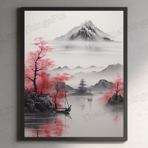 Könnte beinhalten: Ein Schwarzweiß-Tuschbild einer Berglandschaft mit einem rot getönten Baum im Vordergrund. Ein kleines Boot segelt in der Ferne auf einem See.