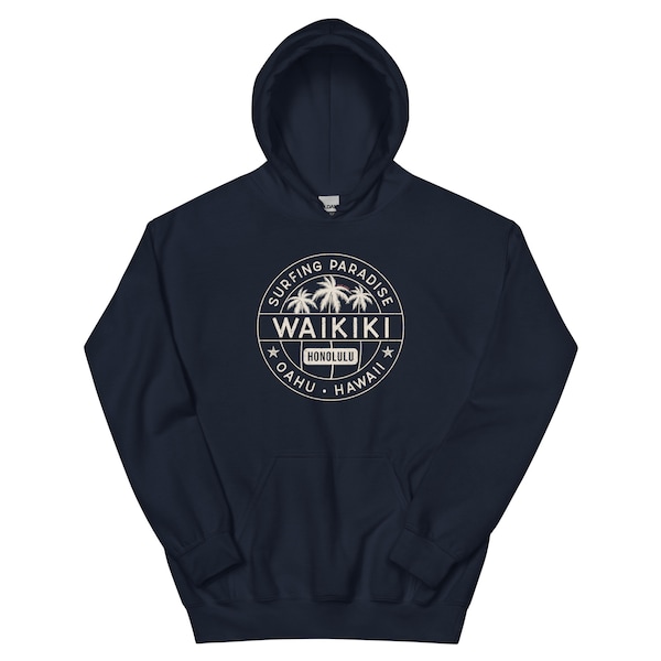 Surfing Paradise Hawaii Honolulu Waikiki Navy Hoodie | Hoodie for Men | Hoodie for Women