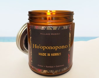 HOOPONOPONO 8oz Soy Candle | Scent: Amber, Bamboo & Oakmoss | Hawaiian Scented Soy Candle | Made In Hawai’i with Aloha | Beach Meditation