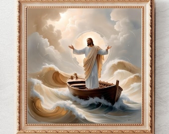 Impresión de Jesús calma la tormenta: Arte mural cristiano con historia bíblica (descarga digital PNG)