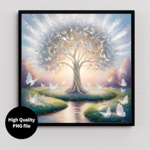 May include: A framed art print featuring a luminous tree with white butterfly-like leaves. The artwork depicts a serene landscape with a flowing stream, butterflies, and radiant light. The image is set in a black frame.