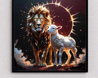 Quadro Su Tela Leone E Agnello – Stampa Artistica Religiosa Cristiana Con Croce Tra Le Nuvole, 30x40 O 40x60 Cm, Per Casa E Chiesa