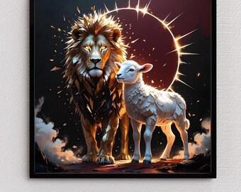 Quadro Su Tela Leone E Agnello – Stampa Artistica Religiosa Cristiana Con Croce Tra Le Nuvole, 30x40 O 40x60 Cm, Per Casa E Chiesa