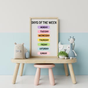 Poster dei giorni della settimana, decorazioni da parete per bambini, stampe murali con i giorni della settimana, decorazioni per aule per bambini piccoli, stampe murali per la scuola materna, download digitale