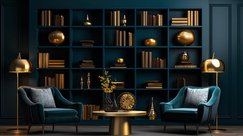 Teal Blue Luxe Library With Shelves Virtual Backgrounds 28 Pack Zoom ...