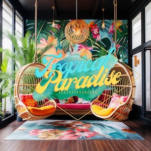 Tropical Office Virtual Backgrounds  Floral Plants Palm Trees Colorful Vibrant Living Room Zoom Skype Google Meet WebEx 7 Pack