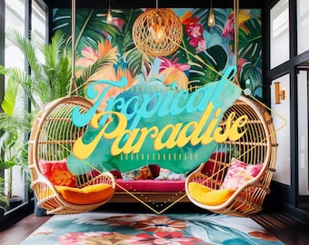 Tropical Office Virtual Backgrounds  Floral Plants Palm Trees Colorful Vibrant Living Room Zoom Skype Google Meet WebEx 7 Pack