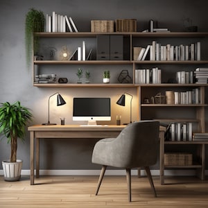 May include: A home office workspace with a wooden desk, a computer monitor, a chair, and a bookshelf filled with books. The desk has two lamps, a potted plant, and a few office supplies.