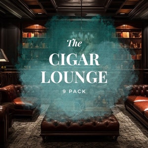 Può includere: Una stanza buia con pannelli in legno scuro, due poltrone in pelle e un divano in pelle. La stanza ha una grande libreria e un tavolino da caffè con un poggiapiedi in pelle. Il testo "The Cigar Lounge 9 Pack" è sovrapposto su uno sfondo acquerellato turchese.
