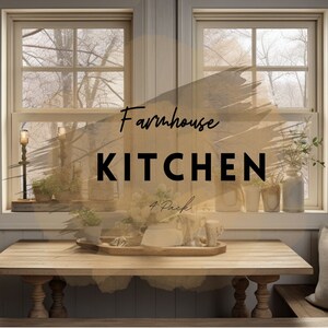 May include: A farmhouse kitchen with a wooden table and chairs, two windows with a view of trees, and shelves with decorative items. The text "Farmhouse Kitchen" is written on a brown background.