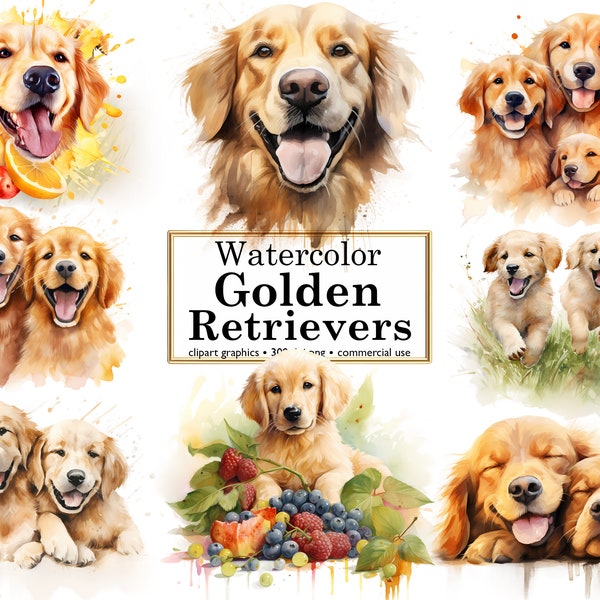 Golden Retriever Dogs & Puppy Watercolor Clipart: Happy Dogs, Dog Clipart, Puppy Clipart, Digital PNG Download for Dog Lovers