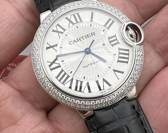 watch Cartier Ballon Bleu 36mm 2CT Double Row Custom Diamond Bezel W6920046 Box Papers