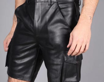 Genuine Leather Tassel Cargo Shorts Men Black High-Waist Snap Multi-Pocket Biker Street Gift